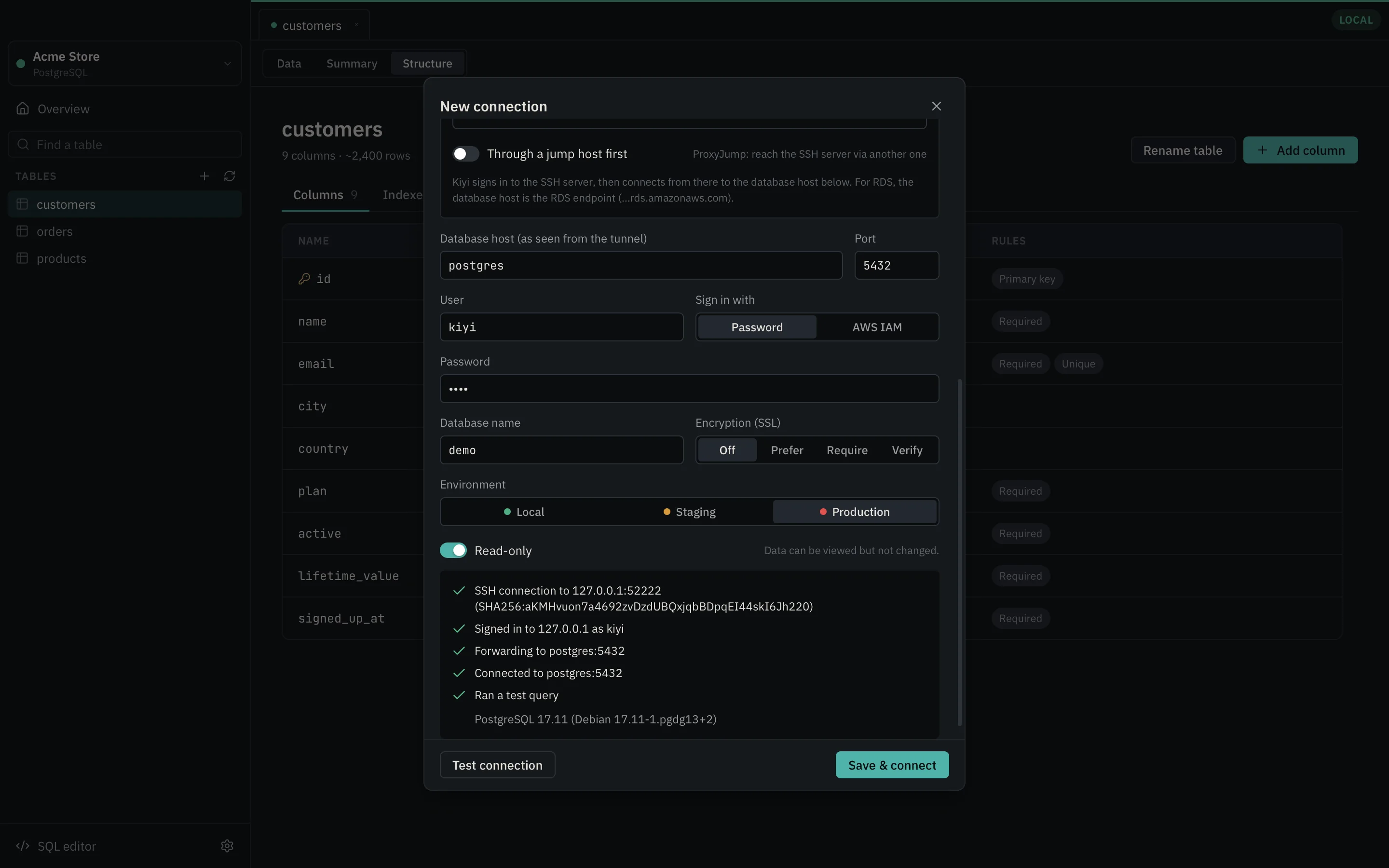 A connection test through an SSH tunnel, every step passing