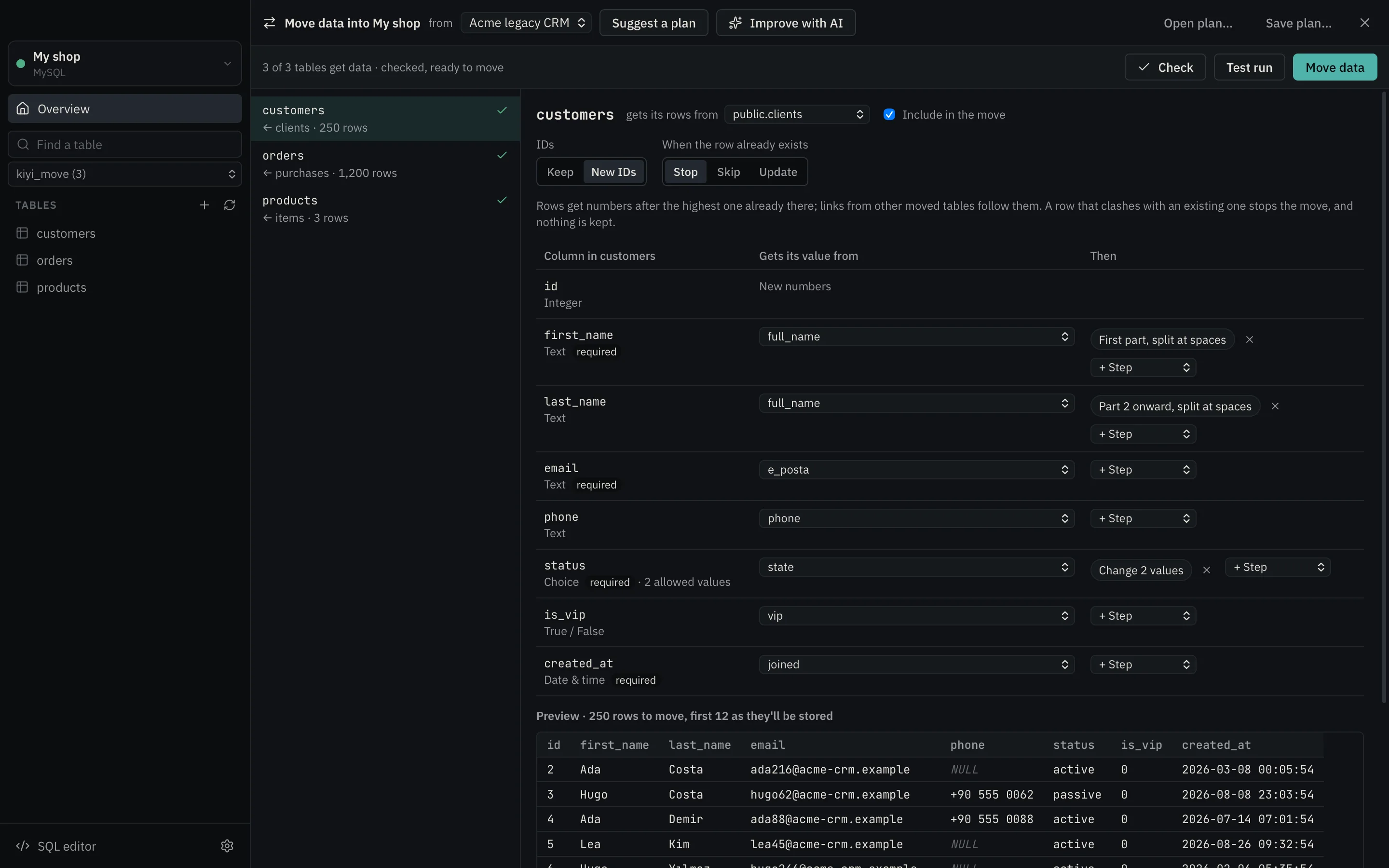 Moving a legacy CRM's clients into a shop's customers: full names split, codes mapped to statuses, and a preview of the rows as they'll be stored