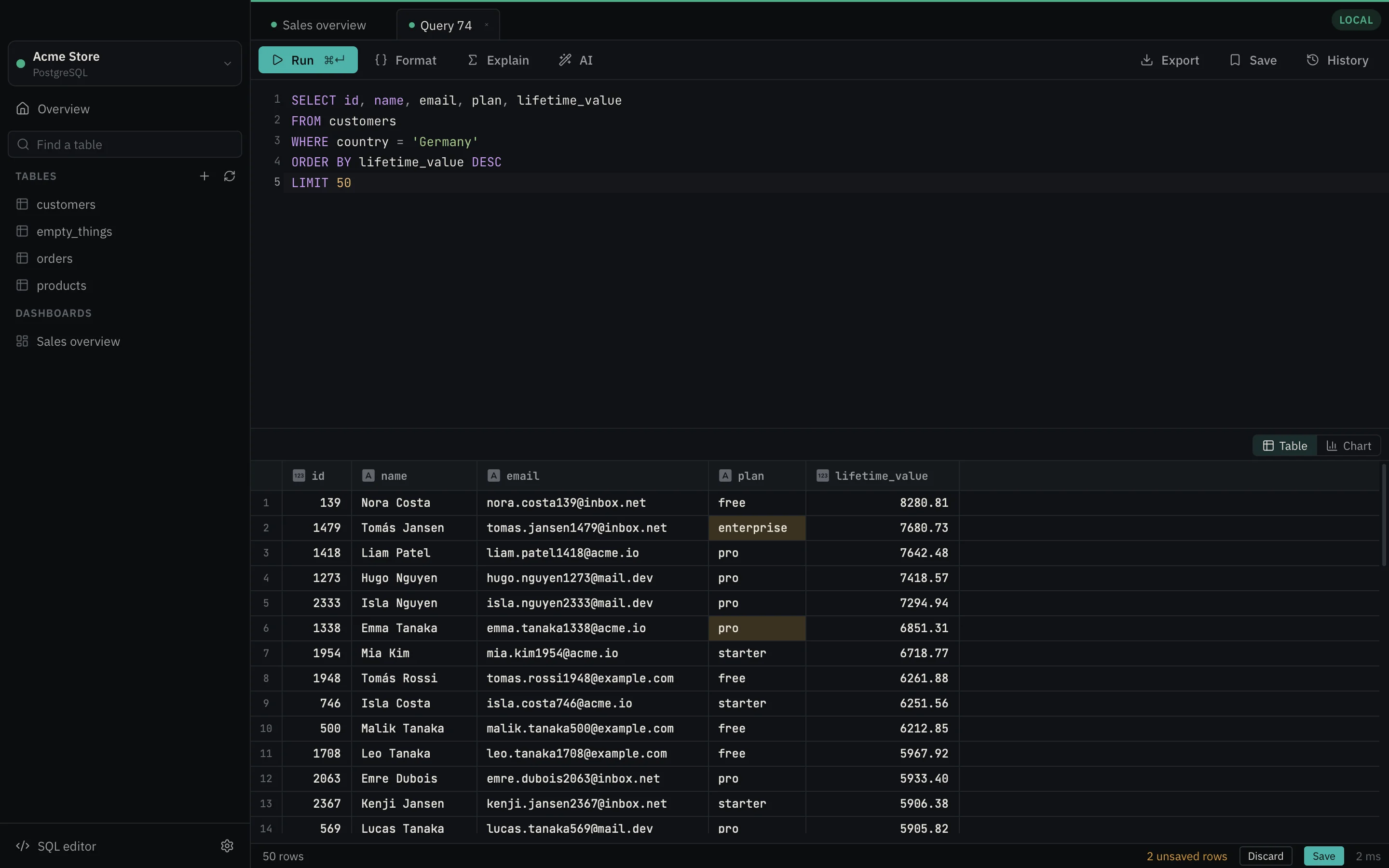 A SQL query's result with two edited cells highlighted and Save and Discard in the status bar